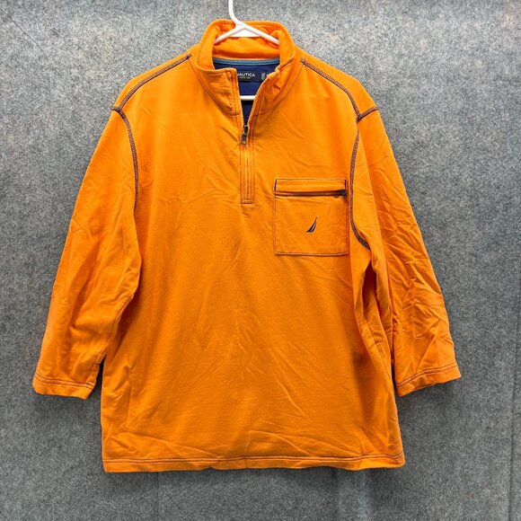 Nautica Sweater Mens Medium Adult Orange Fleece Half Zip Pullover Vintage Pocket - Picture 1 of 12
